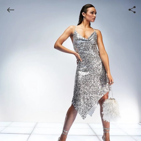 NWOT ASOS 90s sequin cowl slip dress with asymmetrical hem - Picture 1 of 5